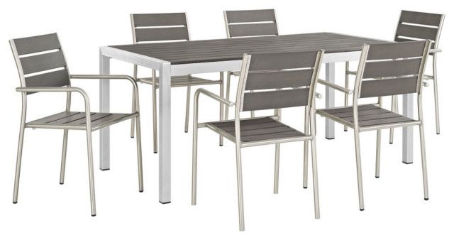 Shore 7 Piece Outdoor Patio Aluminum Dining Set - Transitional ... in Shore 7-Piece Outdoor Aluminum Dining Set, Silver Black