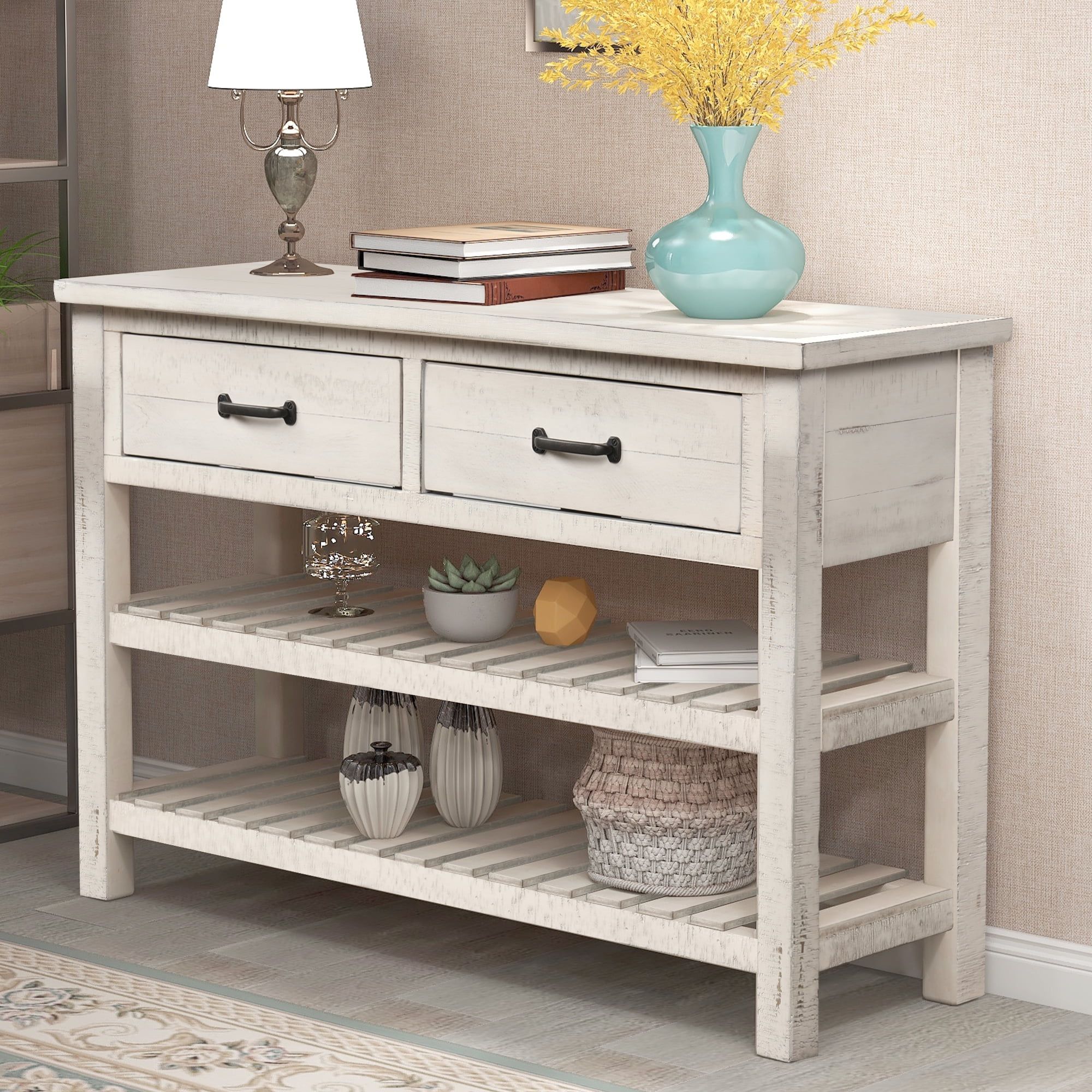 Side Table, Console Table With 2 Storage Drawers And 2 Tiers Wood Shelf ... regarding Antique White Farmhouse Console Table With X-Sides, 2 Shelves & Tabletop Storage