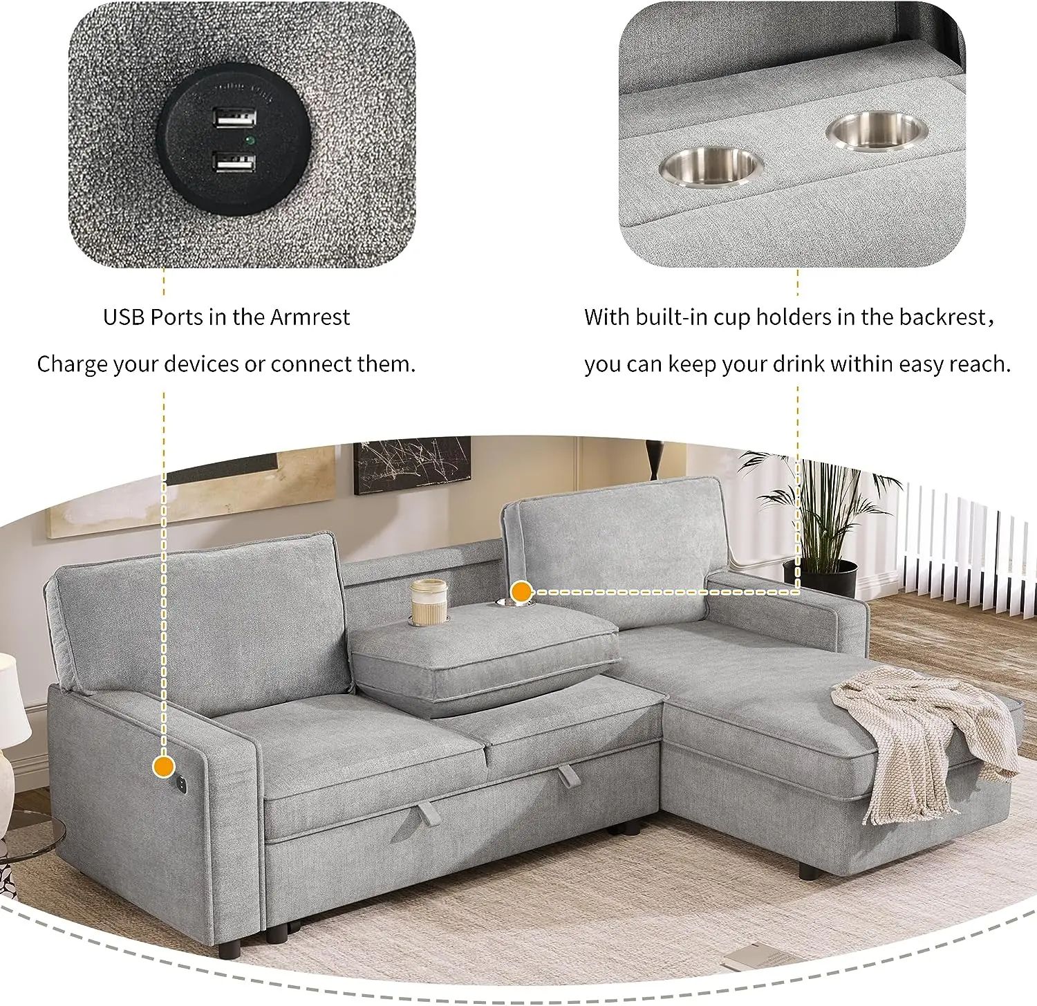 Sleeper Sofa Bed,L-Shaped Sectional Sofa With Reversible Storage Chaise ... with Estelle Beige Fabric Rev. Sleeper Sectional Storage Chaise Cup Holders Usb Ports