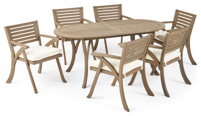 Stephanie Outdoor 6 Seater Acacia Wood Oval Dining Set With Cushions ... intended for Stephanie Outdoor 6 Seater Acacia Wood Oval Dining Set With Cushions, Gray/Cream