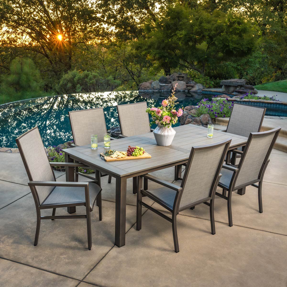 Sunvilla Nichols 7 Piece Sling Dining Patio Set With Faux... with regard to Catania 6-Piece Sling And Eucalyptus Dining Set