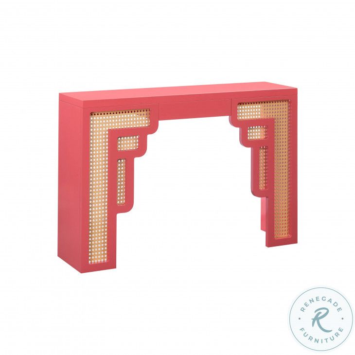 Suzie Coral Pink And Rattan Console Table From Tov | Coleman Furniture within The Perfect Blend of Color and Texture The Suzie Coral Pink &amp;amp;amp; Rattan Console Table