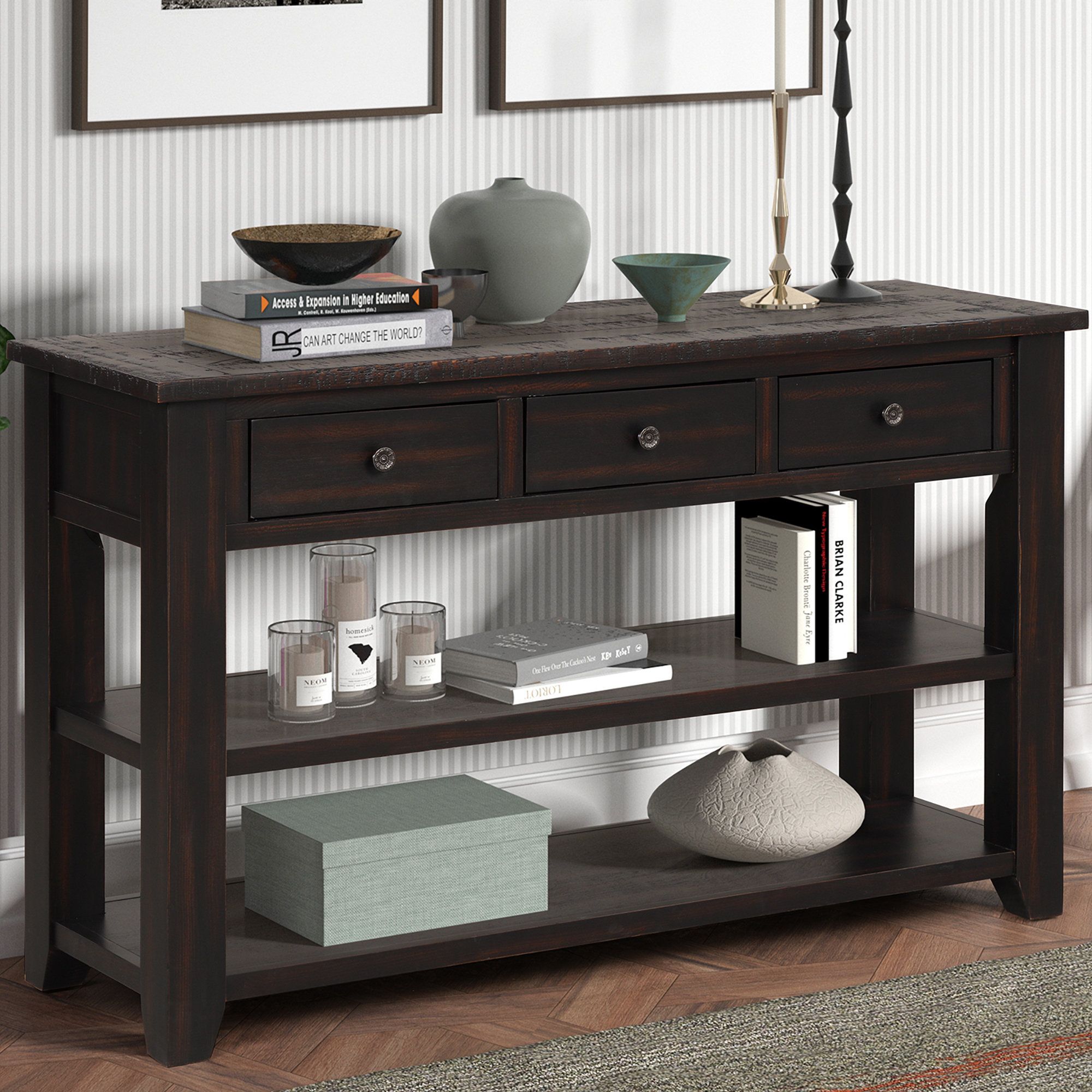 Tateus 48" Solid Pine Wood Console Table With Storage Drawers ... intended for The TATEUS Retro Console Table A Versatile Home Addition