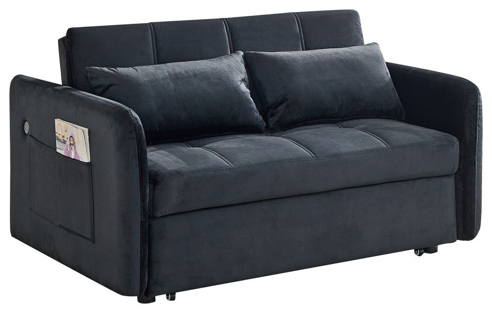 Tateus 55.5" Twins Pull Out Sofa Bed Velvet For Small Room Black ... within Tateus 55.5" Twins Pull Out Sofa Bed Velvet For Small Room Black