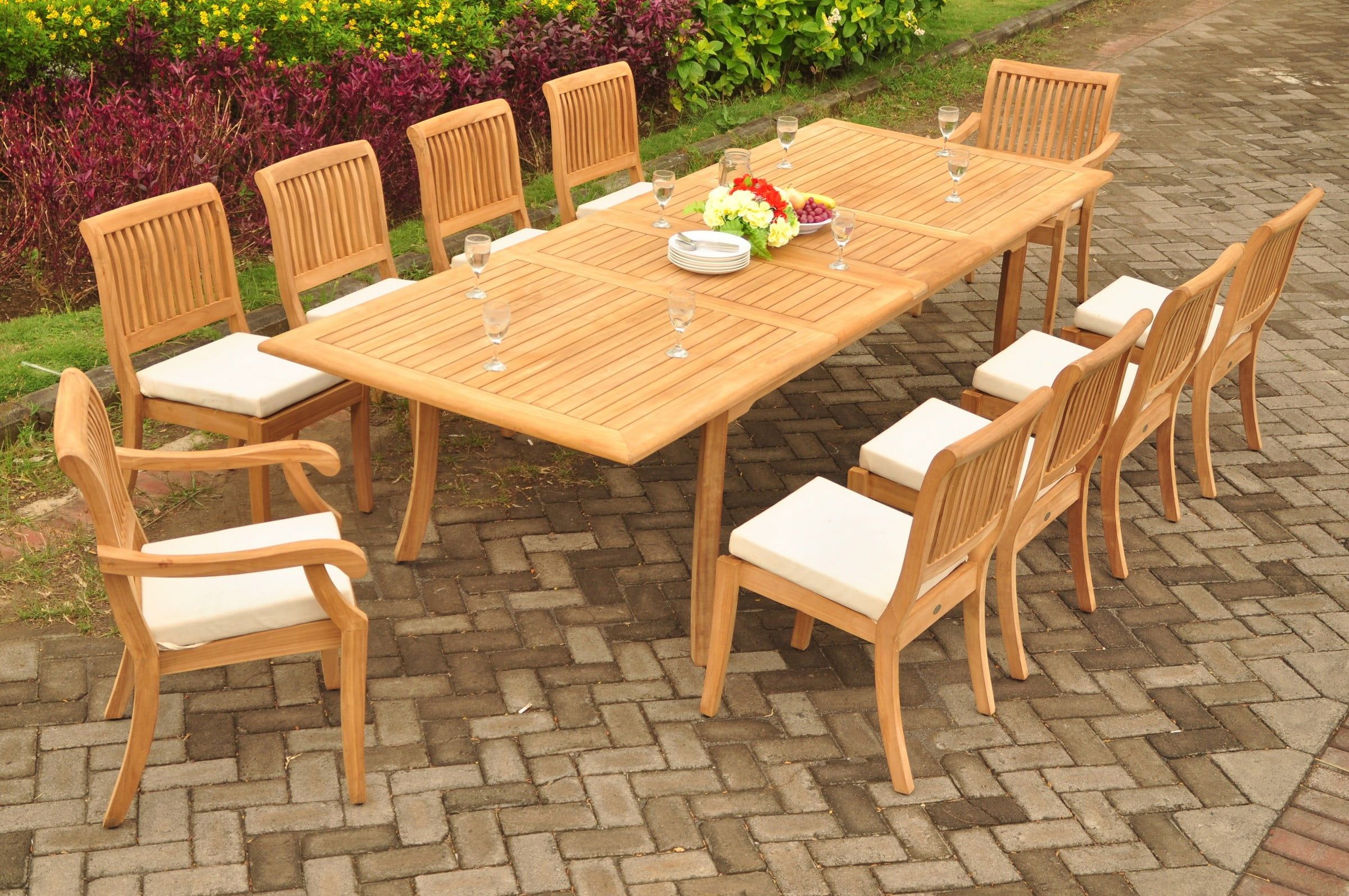 Teak Dining Set: 10 Seater 11 Pc: 117" Double Extensions Rectangle ... inside 5-Piece Outdoor Teak Dining Set - 60" Rectangle Table + 4 Arbor Stacking Chairs