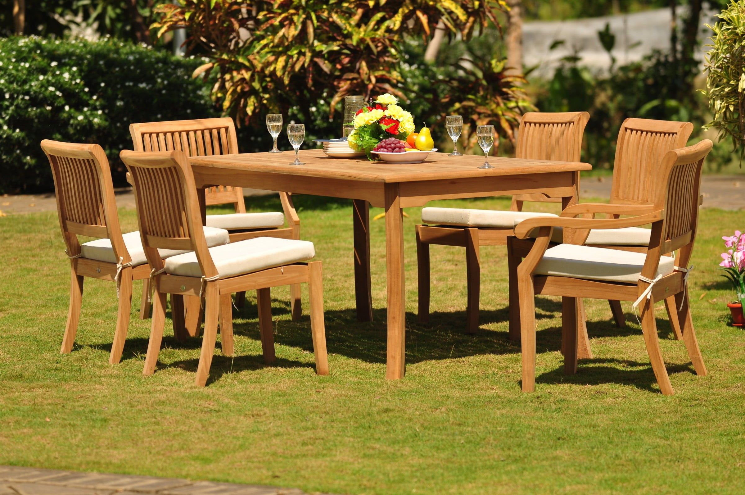Teak Dining Set: 6 Seater 7 Pc: 71" Rectangle Table & 2 Stacking Arbor ... pertaining to 5-Piece Outdoor Teak Dining Set - 60" Rectangle Table + 4 Arbor Stacking Chairs