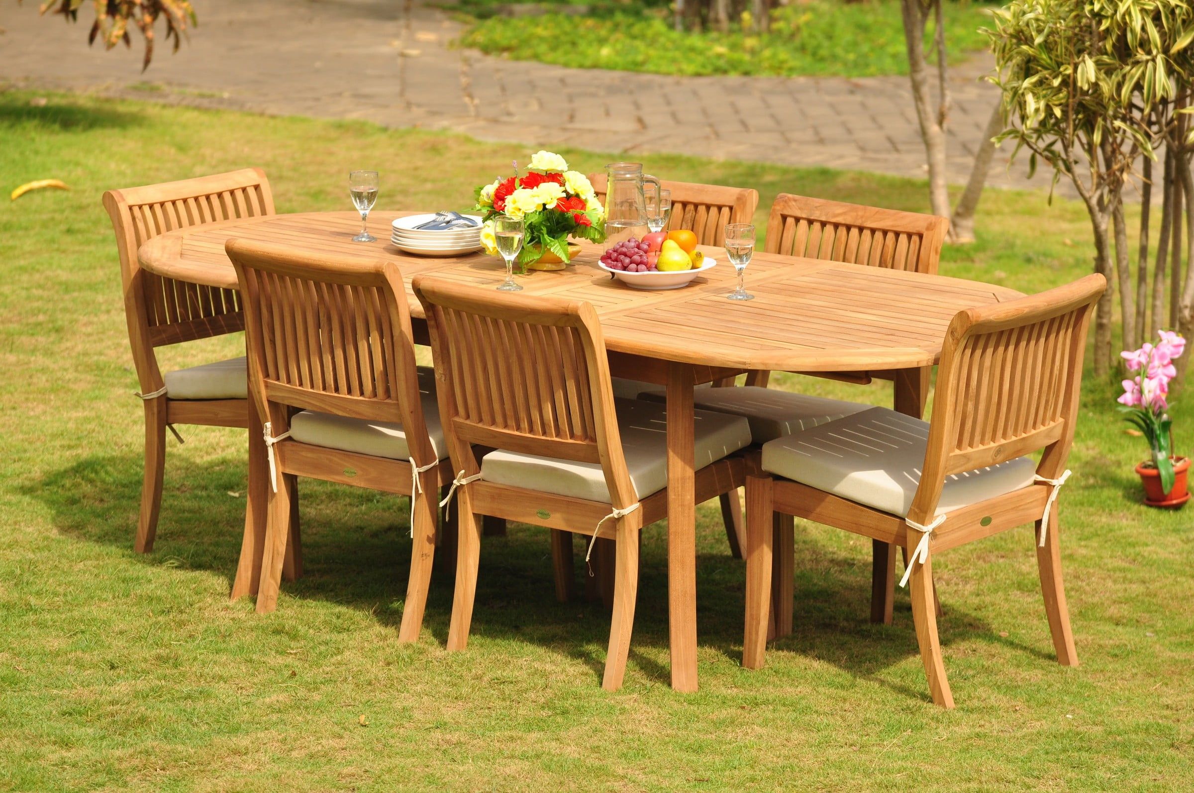 Teak Dining Set: 6 Seater 7 Pc: 94" Oval Table & 6 Stacking Arbor ... pertaining to 7-Piece Teak Dining Set, 94" Ext Oval Table, 6 Arbor Stacking Armless Chairs