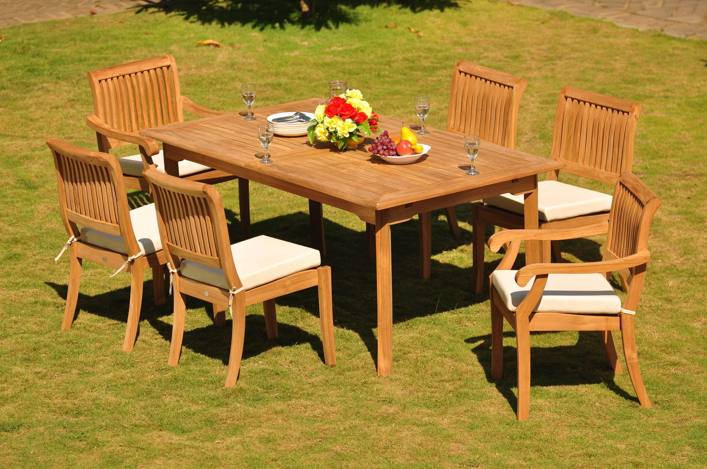 Teak Dining Set: 6 Seater 7 Pc: 94" Rectangle Table & 2 Stacking Arbor ... inside 5-Piece Outdoor Teak Dining Set - 60" Rectangle Table + 4 Arbor Stacking Chairs