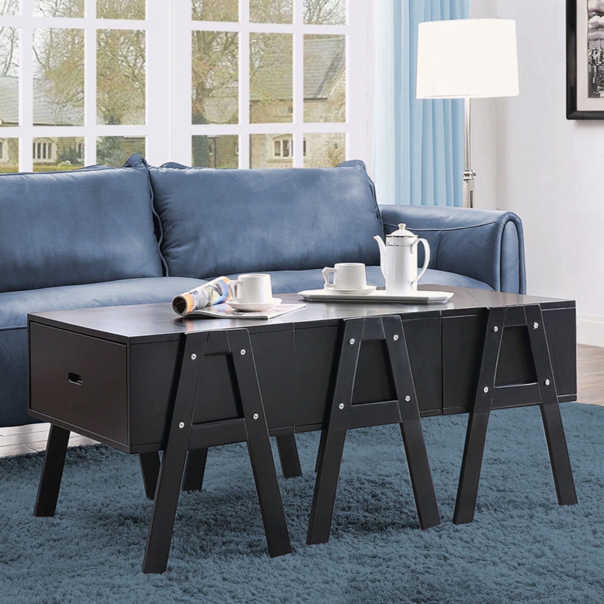 Tech Cube Three Drawers Wooden Convertible Coffee Table With Angled ... intended for Contemporary 3-Piece Coffee Table Set With Angled Legs And Extra Storage Shelf, Charcoal/Gray