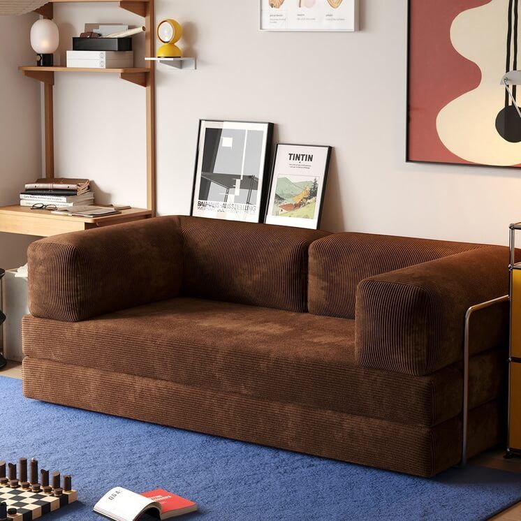 Teddy Sofa I Convertible Sleeper Sofa Bed in Convertible Sofa Bed With Plush Teddy Upholstery And Pull-Out Design, Brown/White