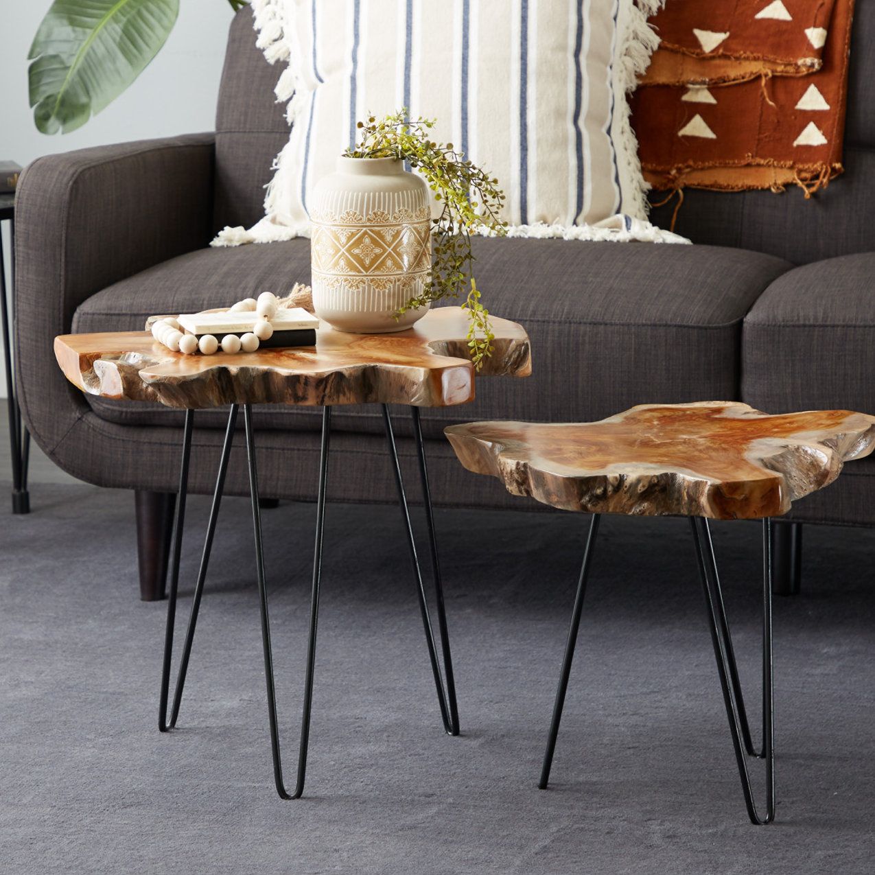 The Twillery Co.® Binoche 2 Piece Brown Teak Wood Live Edge Top Accent ... pertaining to Linon Anders 3 Pc Metal And Wood Occasional Table Set Plank Style Tops In Brown