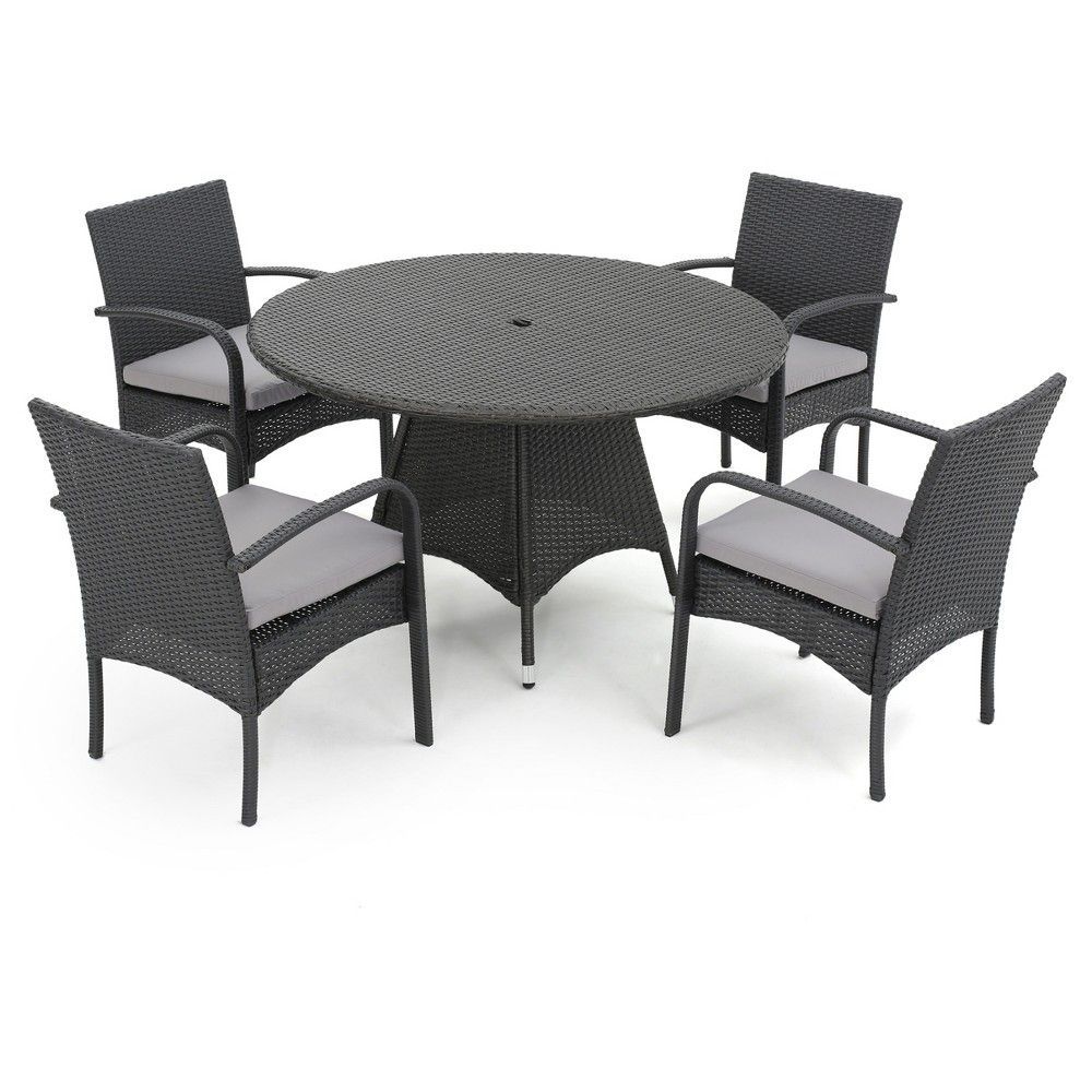 Theodore 5Pc Round All-Weather Wicker Patio Dining Set - Gray ... throughout Paula Outdoor Wood And Wicker 8 Seater Dining Set, Gray/Black/Light Gray