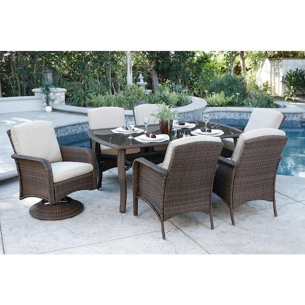 Tiara Garden Brown 7-Piece Wicker Outdoor Dining Set With Beige ... pertaining to Westara Outdoor Wicker 7 Piece Dining Set With Cushion