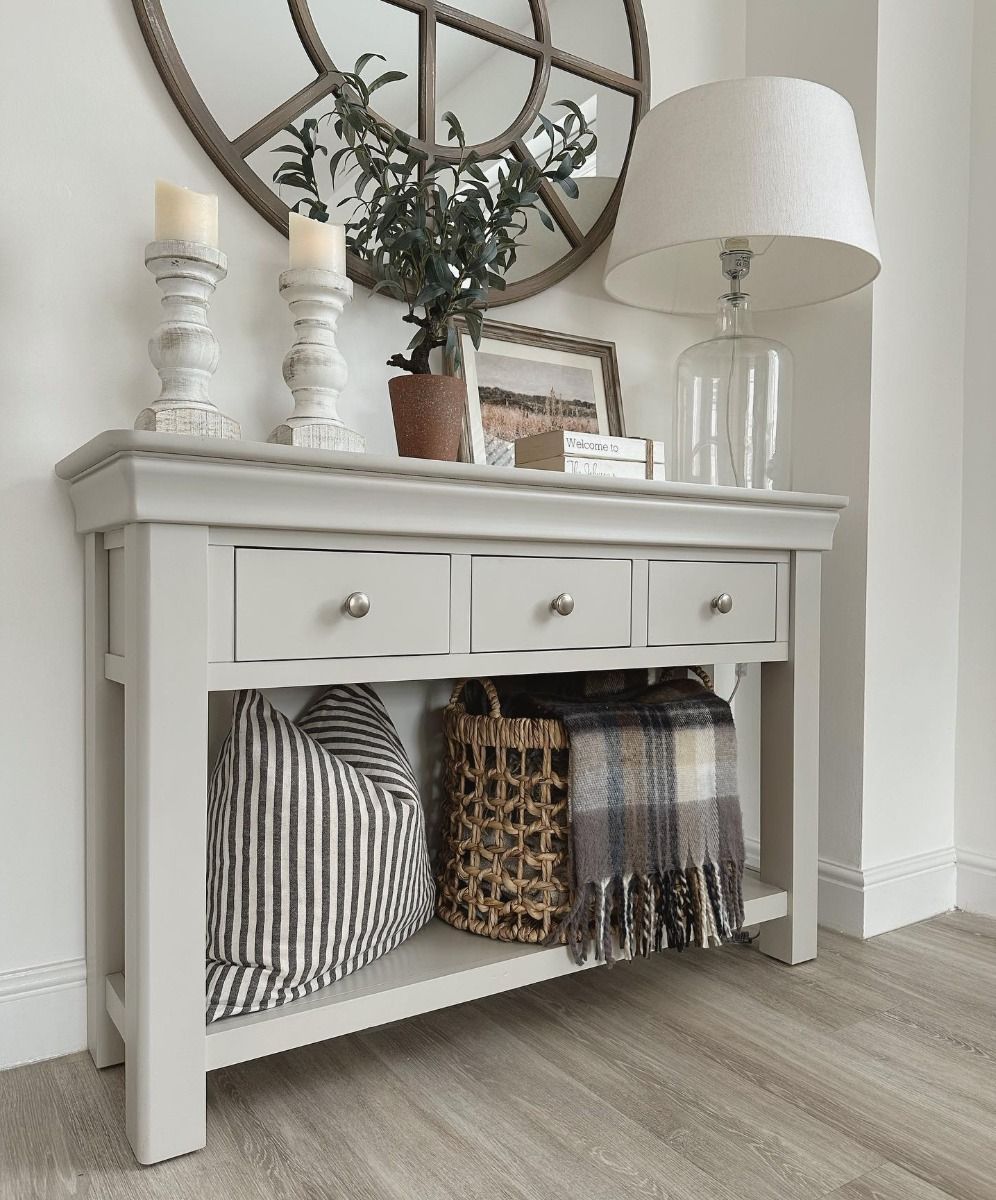 Toulouse 3 Drawer Large Grey Painted Console Table - Autumn Sale ... for Creating Visual Balance with Console Tables in Small and Large Rooms
