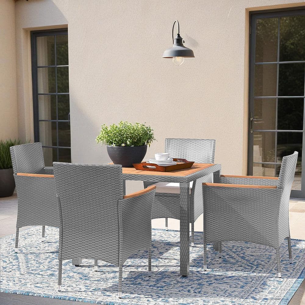 Tozey 5-Piece Acacia Wood And Gray Wicker Outdoor Dining Set With Beige ... intended for Chazz Outdoor 5 Piece Acacia Wood Dining, Teak And Dark Gray