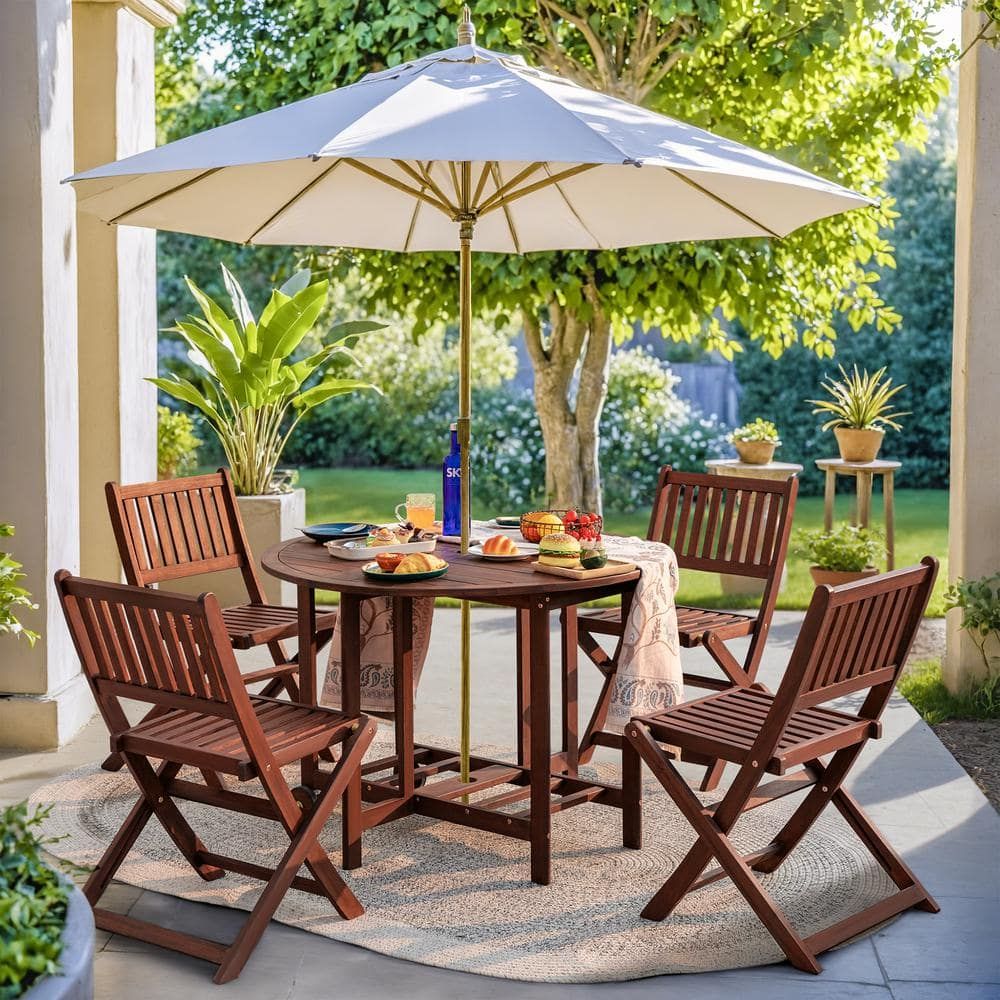 Tozey Acacia Wood 5-Piece Dining Set, Folding Round Table With Umbrella ... in Chloe Outdoor 5 Piece Acacia Wood Dining Set With Round Table, Gray/Creme