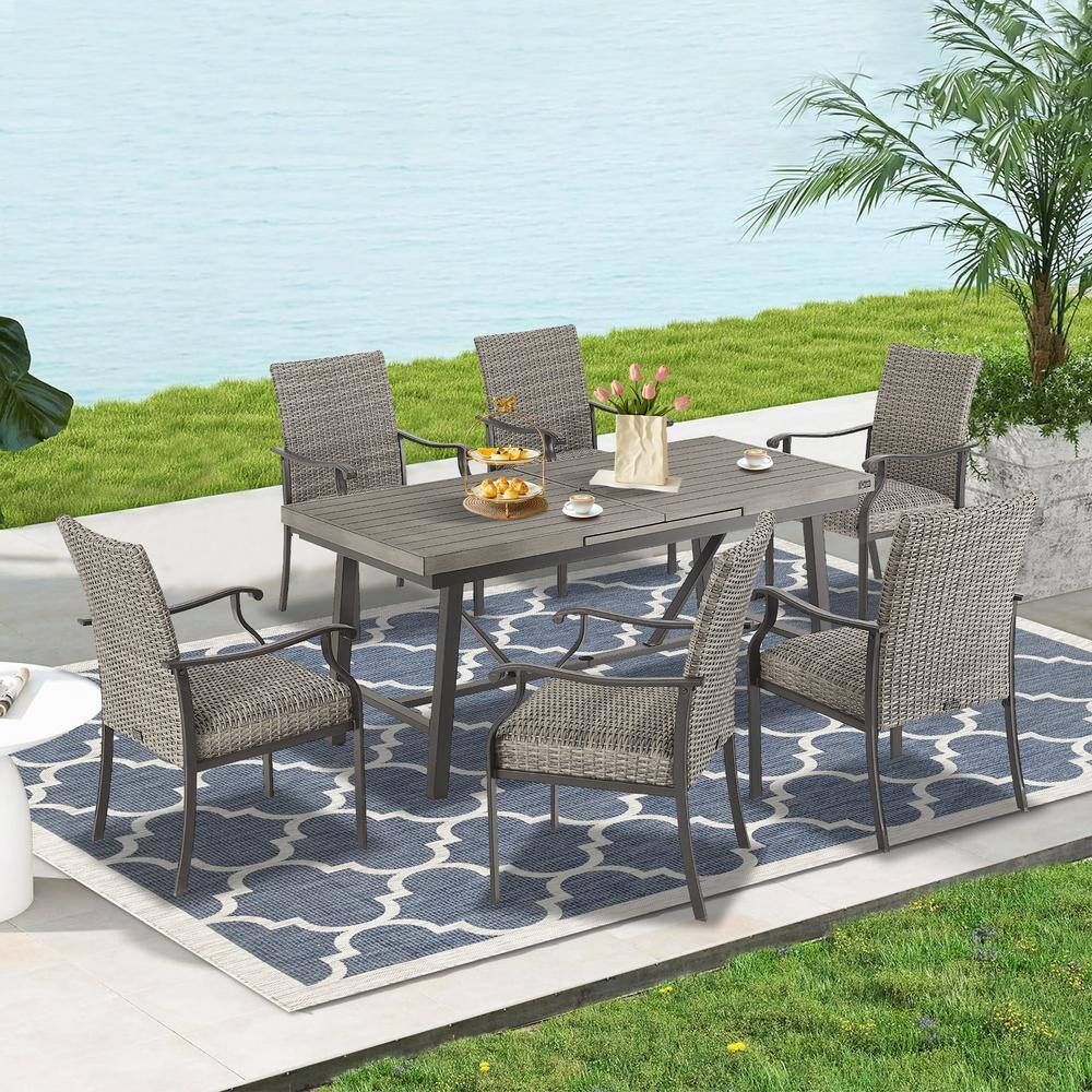Ulax Furniture 7-Piece Wicker Outdoor Dining Set, Extendable Table And ... within Understanding the benefits of expandable outdoor dining furniture for families