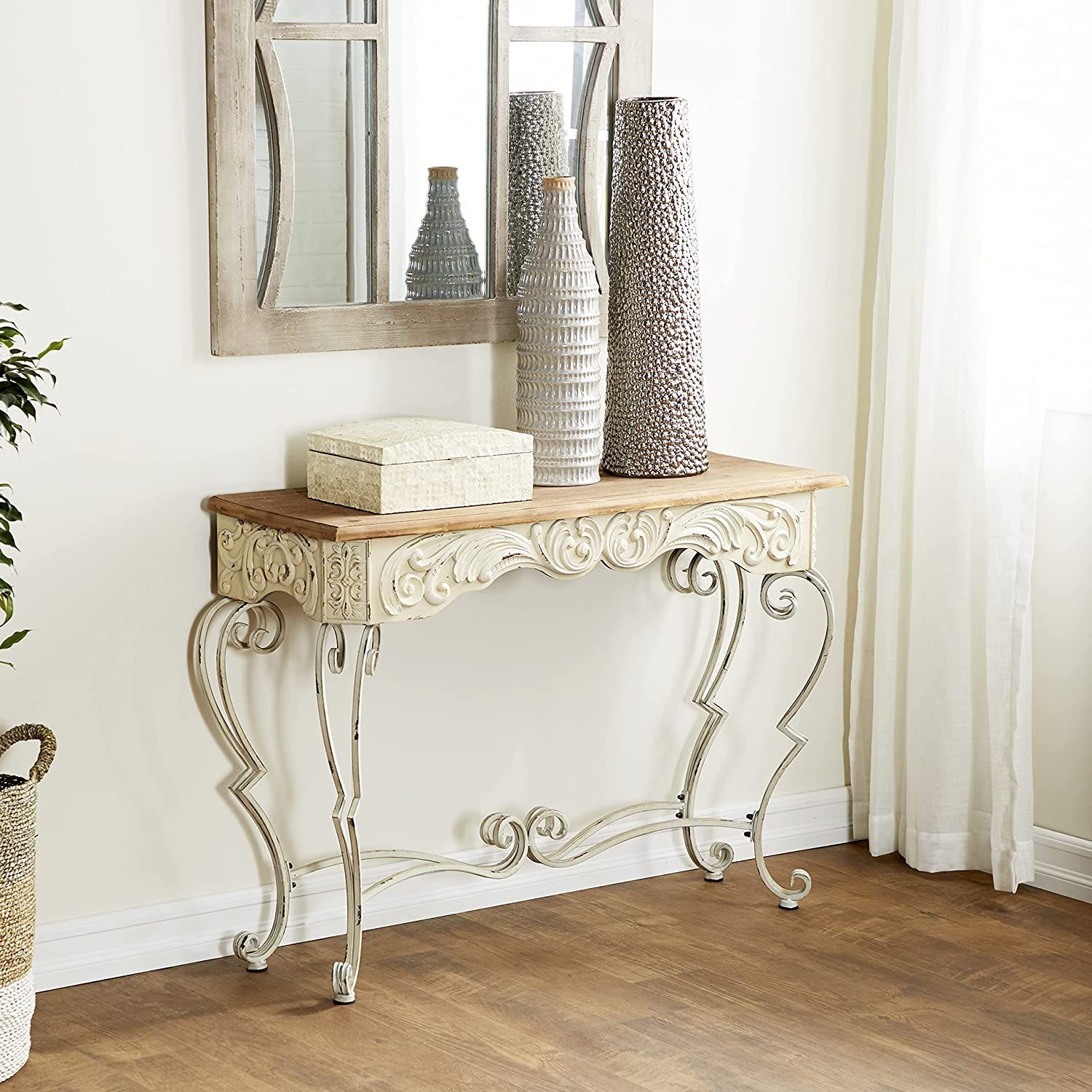 Unique Console Table, Arched Bottom Edge And Scrolled Details ... pertaining to Unique Console Table, Arched Bottom Edge And Scrolled Details, Distressed White