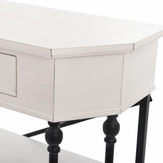Unique Console Table, Corner Design With Large Drawer & Shelves ... in Unique Console Table, Arched Bottom Edge And Scrolled Details, Distressed White