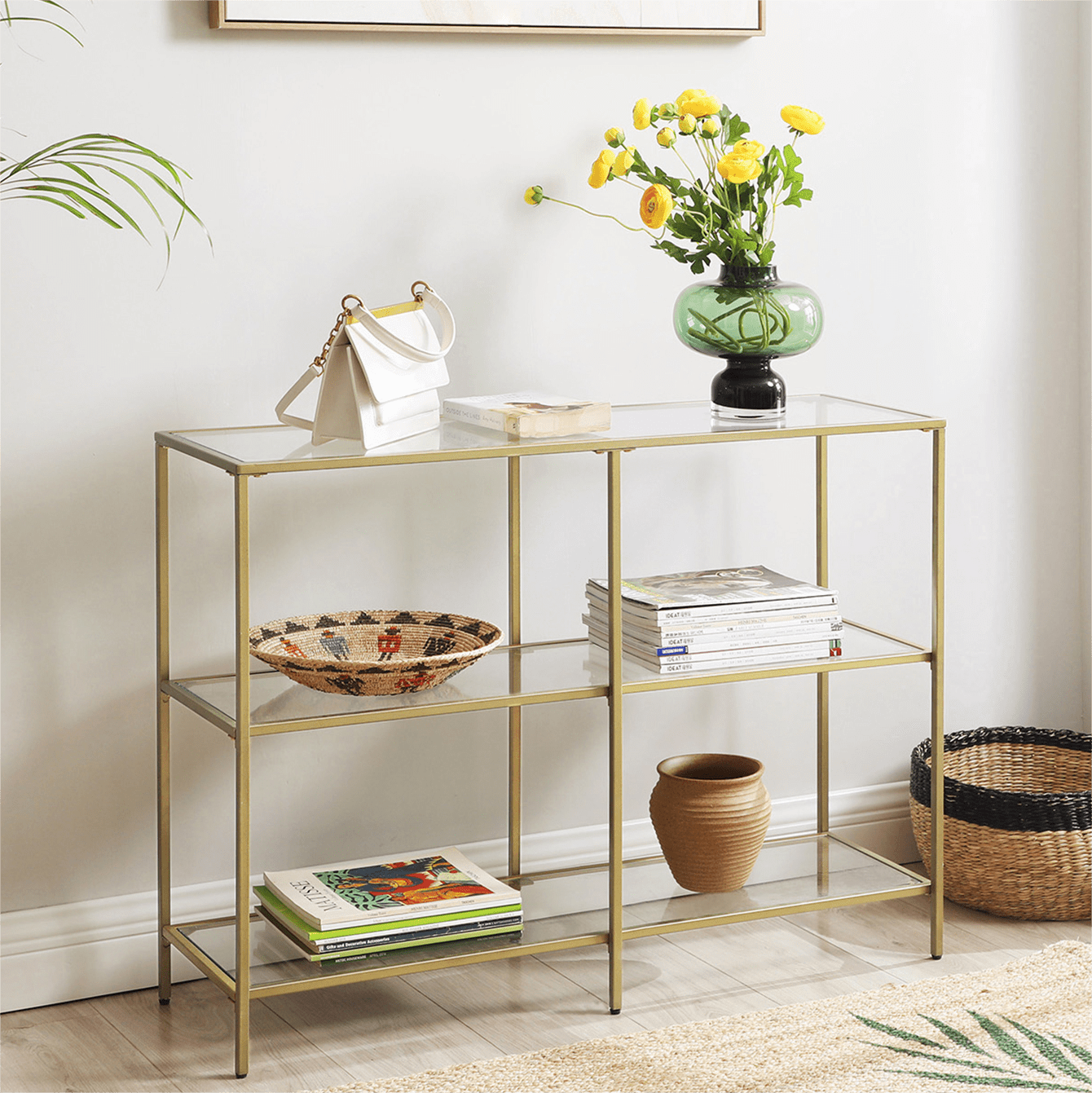 Vasagle Modern Entryway Decorative Gold Console Table With 3 Storage ... within Elegant Gold Console Table With Glass Shelves And Sleek Modern Design