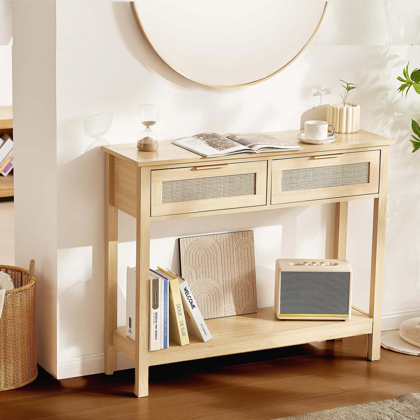 Vevor Rattan Console Table With 2 Storage Drawers, Rattan Entryway ... throughout Caring for Your Natalia Natural Rattan Console Table A Comprehensive Guide