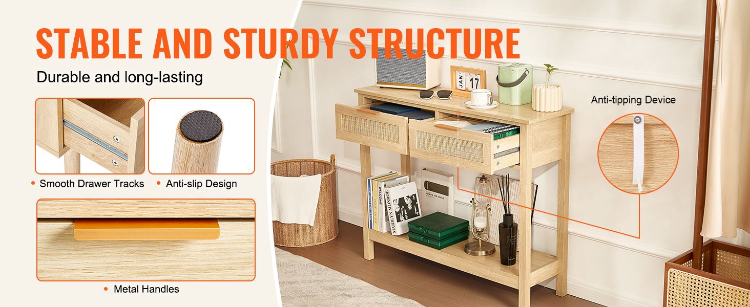 Vevor Rattan Console Table With 2 Storage Drawers Rattan Sliding Door ... with Creating visual harmony with console table lighting features
