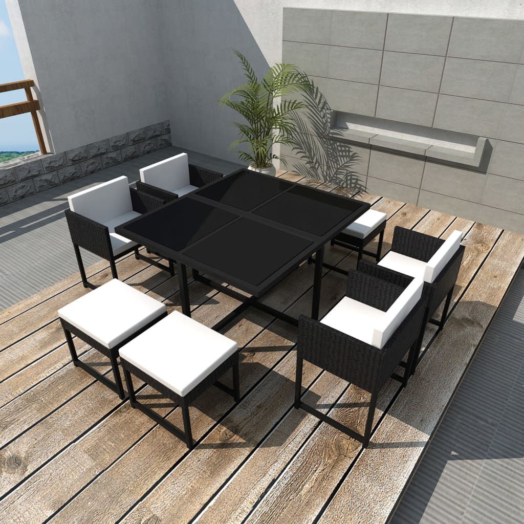Vidaxl 9 Piece Patio Dining Set With Cushions Poly Rattan Black ... intended for Maintaining the beauty of wood and rattan outdoor furniture year-round