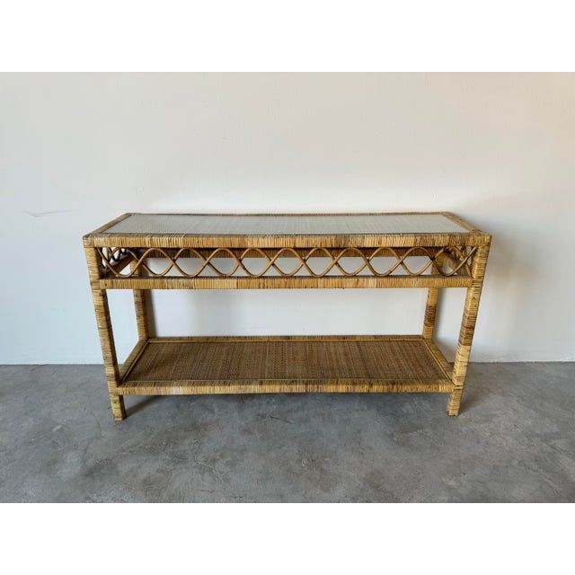 Vintage Boho Chic Coastal Woven Rattan Two - Tier Console Table | Chairish inside Boho Rattan 2-Tier Console Table