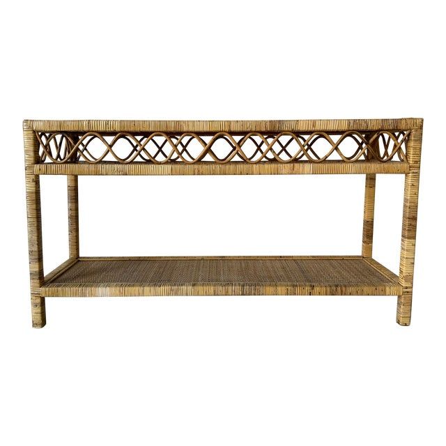 Vintage Boho Chic Coastal Woven Rattan Two - Tier Console Table | Chairish within Boho Rattan 2-Tier Console Table