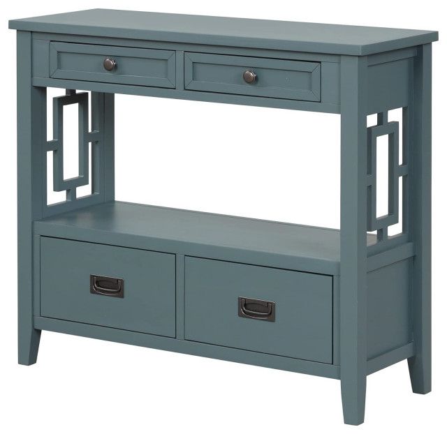 Vintage Console Table, 4 Drawers &amp; Open Shelf With Open Geometric Sides ... regarding Style and Functionality A Look at Retro Blue Console Tables