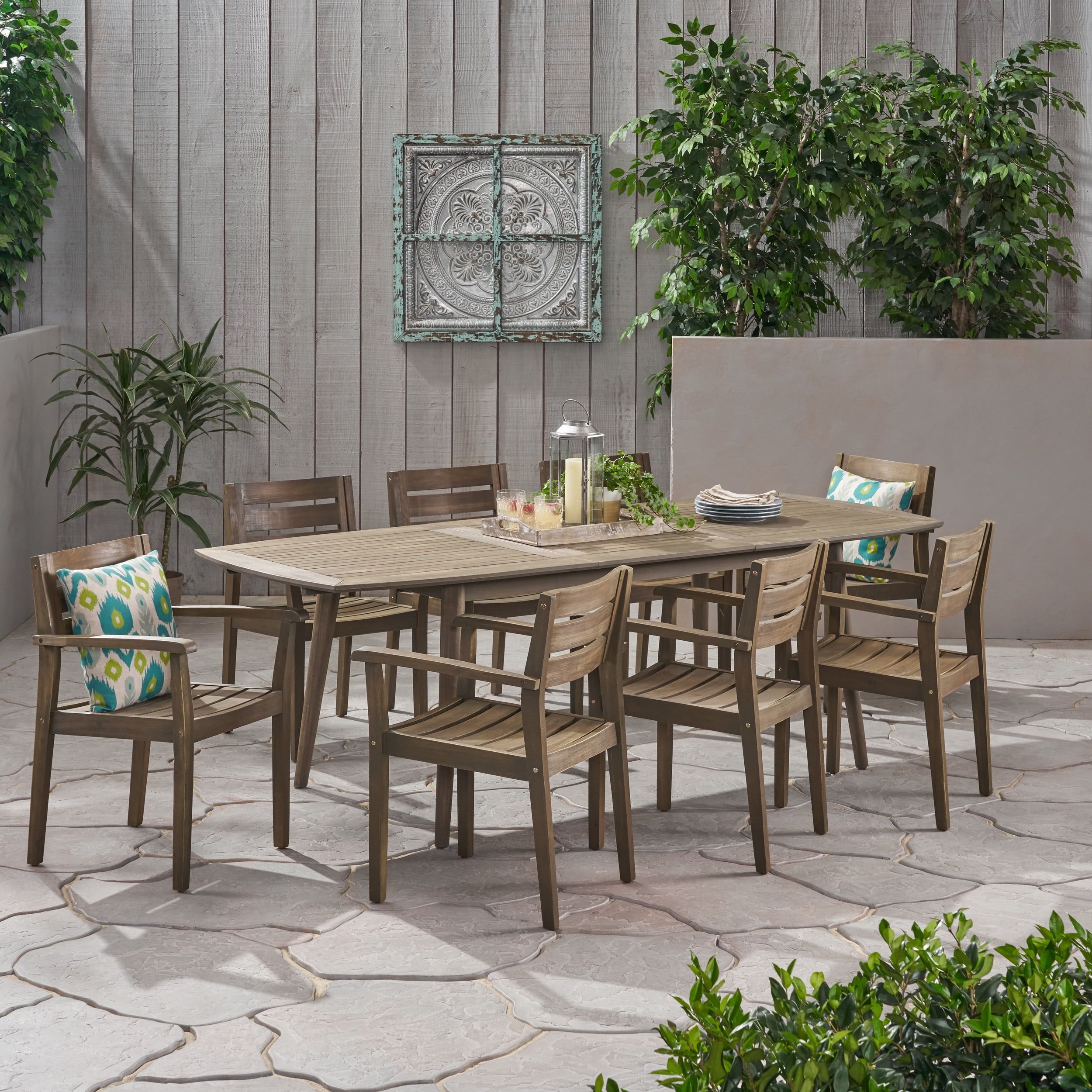Vivienne Outdoor 8 Seater Acacia Wood Expandable Dining Set, Gray ... inside Estelle Outdoor 8 Seater Expandable Acacia Wood Dining Set