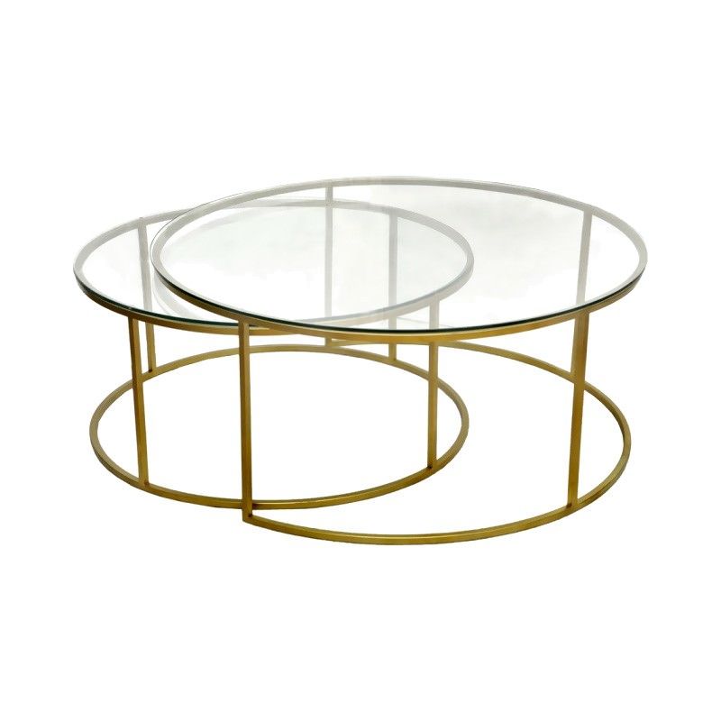 Wareley 2 Piece Glass Top Metal Round Nesting Coffee Table Set, Gold regarding Metal Coffee Tables, 2-Piece Set