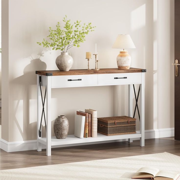 Whizmax Wooden Entryway Table, Farmhouse Console Table With 2 Drawers ... for Craftsmanship and Quality in Rustic Solid Wood Distressed White 2-Drawer Tables
