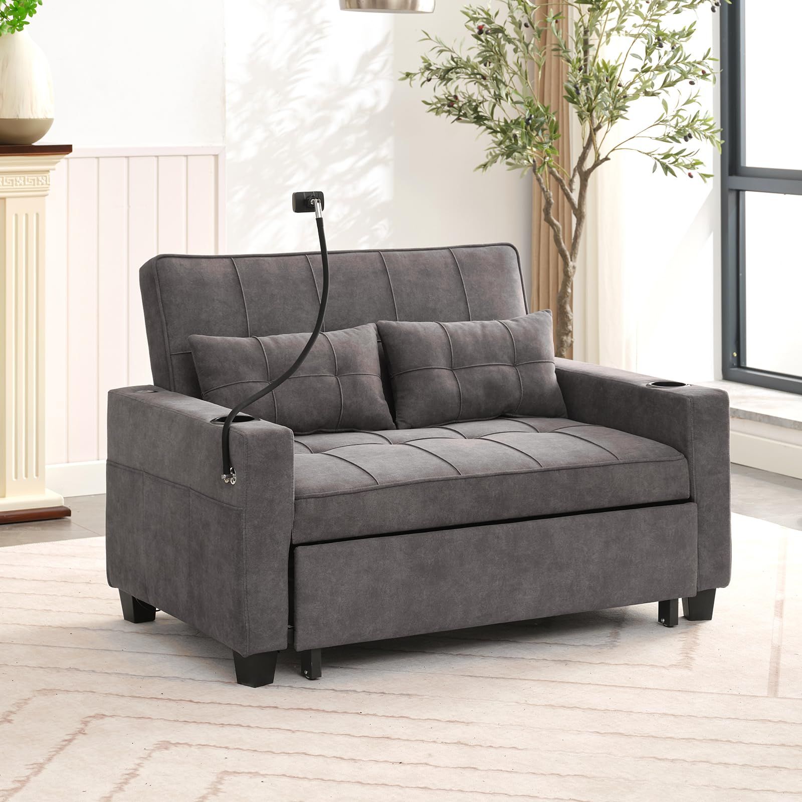 Xszd 3-In-1 Convertible Sleeper Loveseat Sofa Bed With Pullout Bed And ... in Convertible Sleeper Loveseat In Polyester With Storage & Elegant Arms, Brown