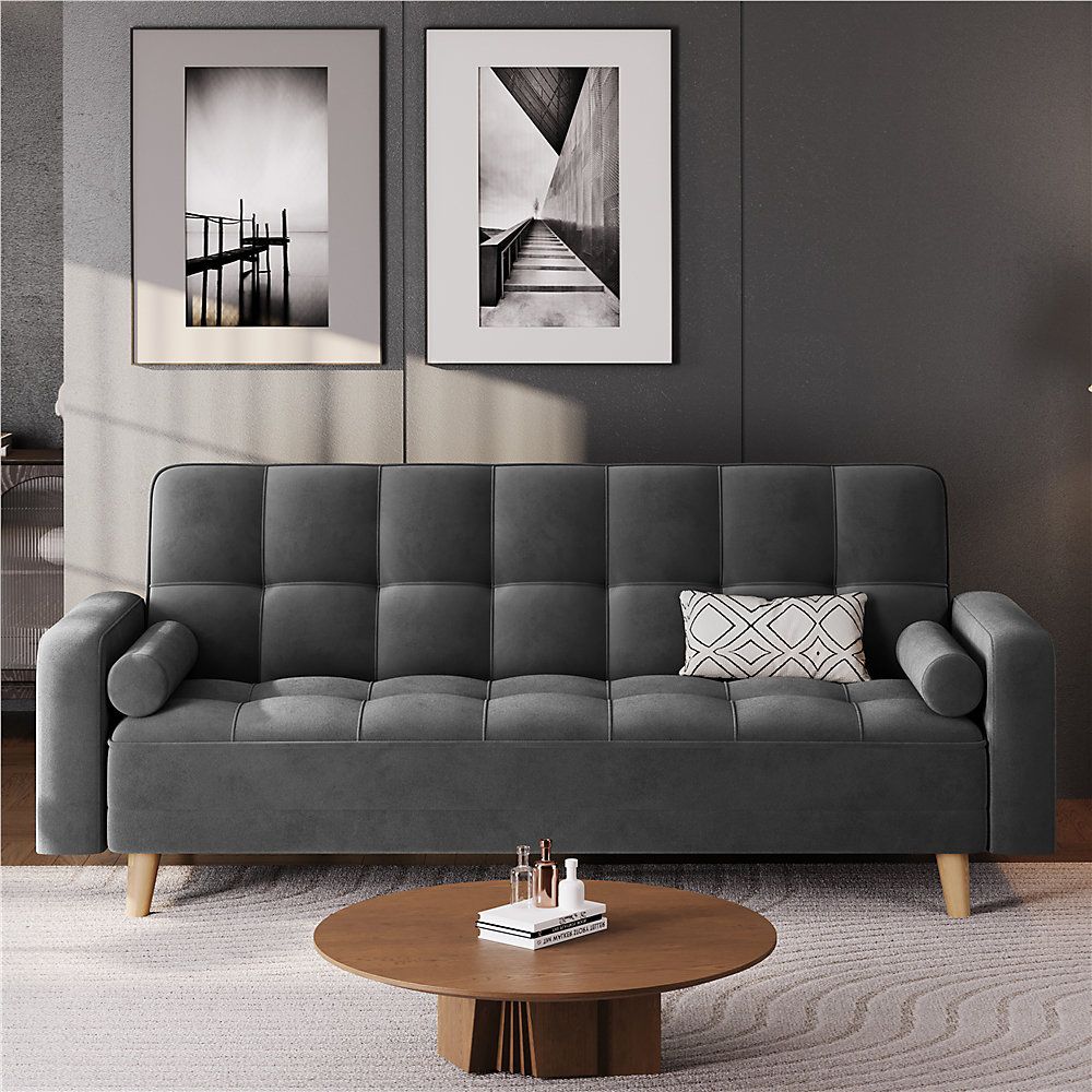 Yaheetech Velvet 3 Seater Convertible Sofa Bed With 2 Bolster Pillows Grey pertaining to Exploring the Evolution of Furniture That Serves Multiple Purposes
