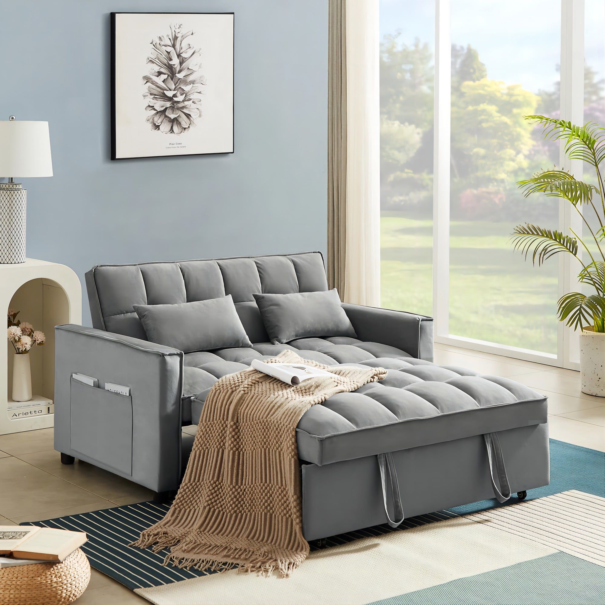 Zechuan Convertible Sofa Bed With Pull Out Bed - 55" Tufted Velvet ... intended for Gdf Studio 3-Seater Convertible Sofa Bed With Storage Compartment And Tray, Dark Gray