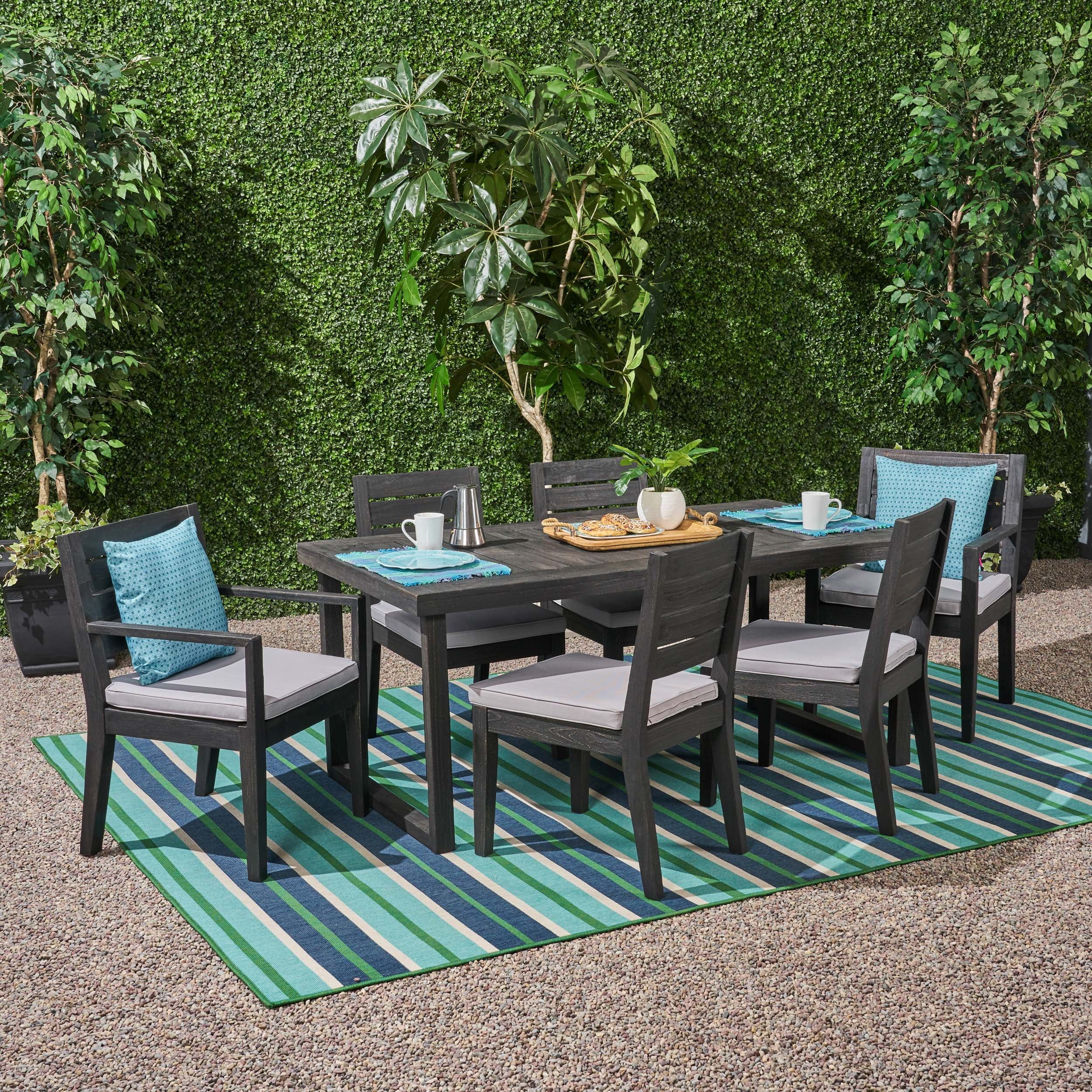Zoe Outdoor 7 Piece Acacia Wood Dining Set With Cushions, Sandblast ... for Gdf Studio Kemp Outdoor 6-Seater Wood Dining Set, Sandblast Dark Gray/Light Gray