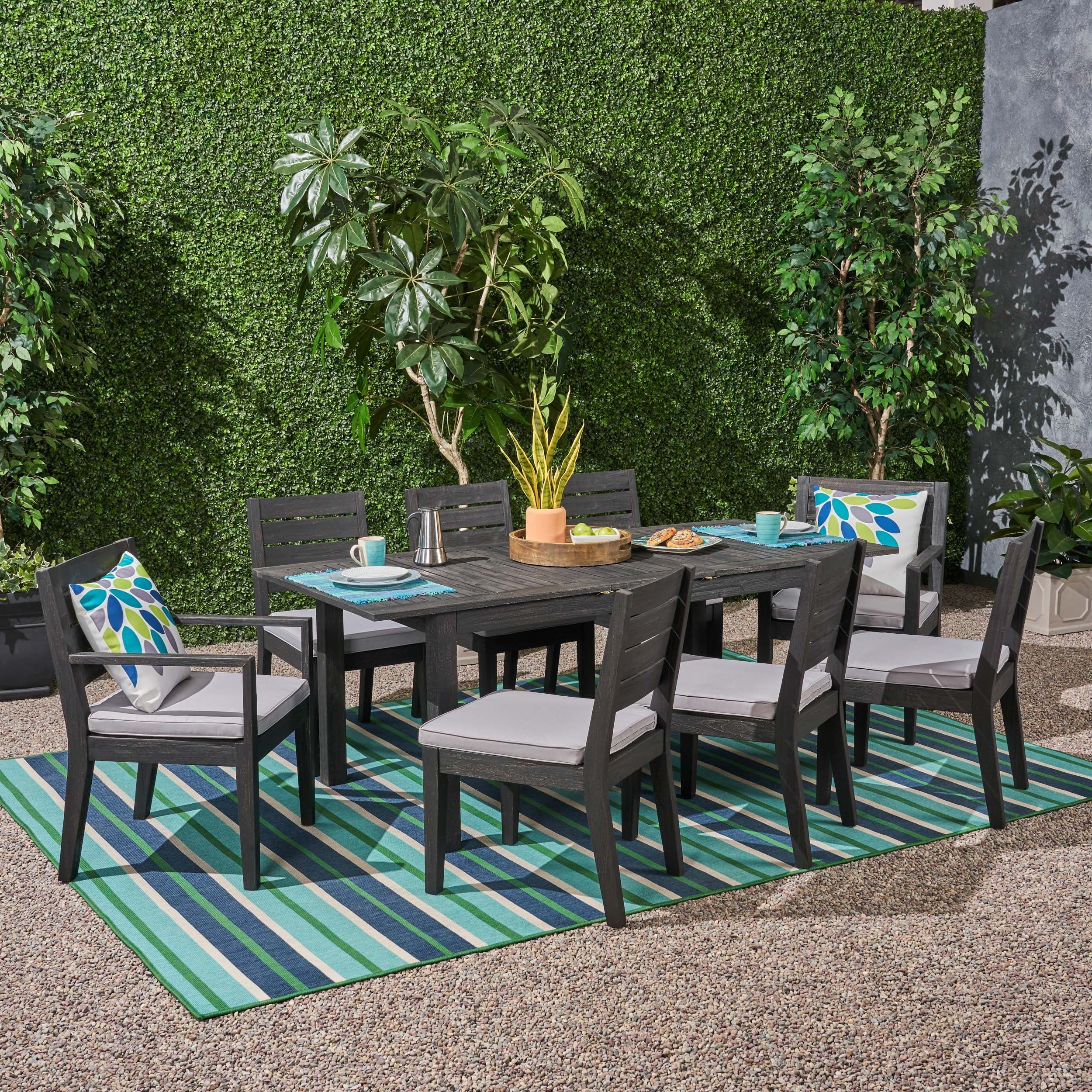 Zoe Outdoor 9 Piece Acacia Wood Expandable Dining Set With Cushions ... regarding Understanding the Appeal of Sandblast Light Gray/Black Outdoor Dining Furniture