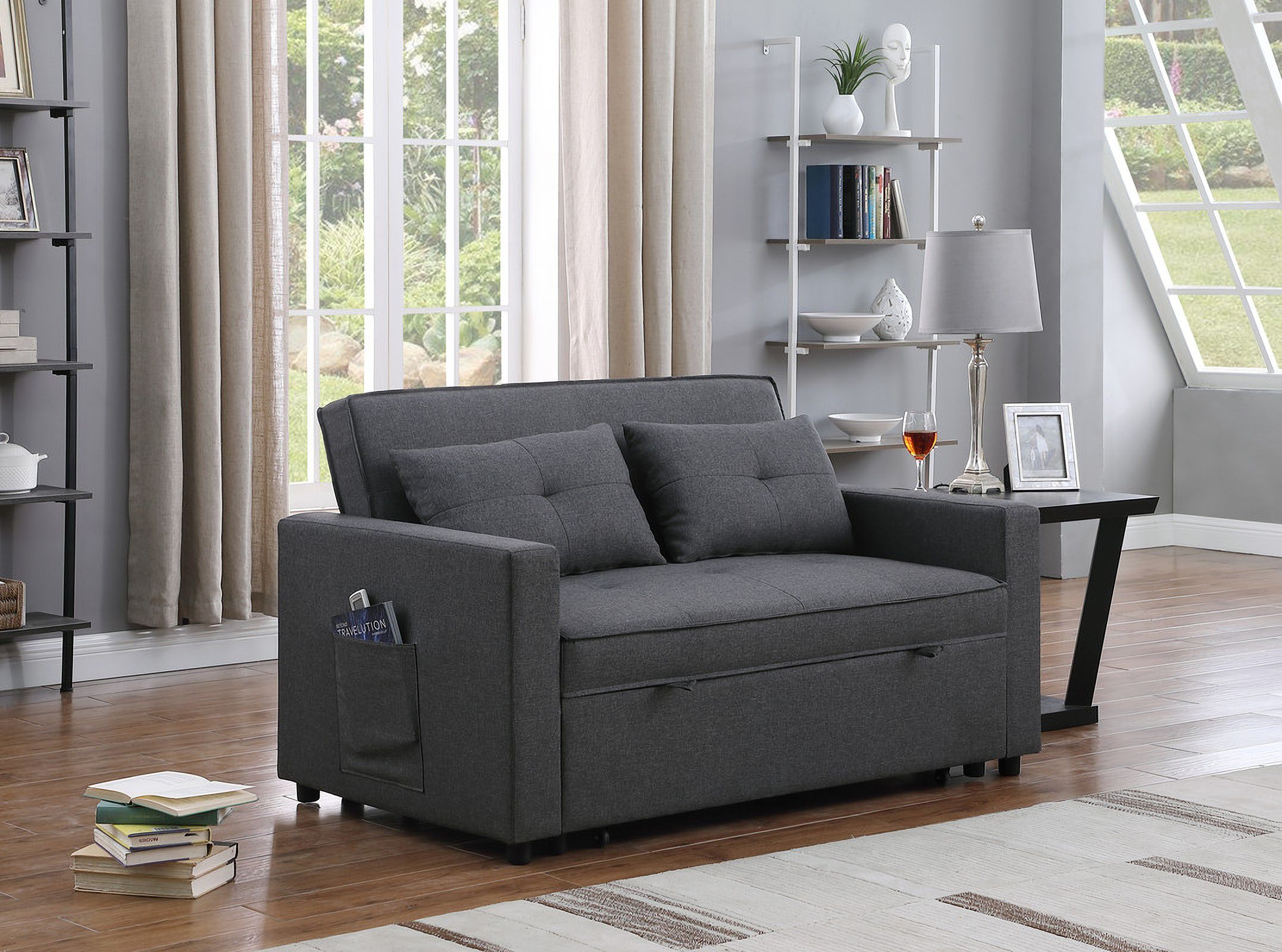 Zoey Dark Gray Linen Convertible Sleeper Loveseat With Side Pocket By Lilola Home | 1Stopbedrooms throughout Benzara Bm293178 Convertible Sleeper Loveseat With Side Pocket, Dark Gray Linen