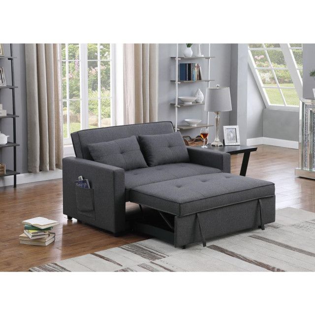 Zoey Dark Gray Linen Convertible Sleeper Loveseat With Side Pocket ... within Exploring the functionality of Bowery Hill's convertible sleeper design