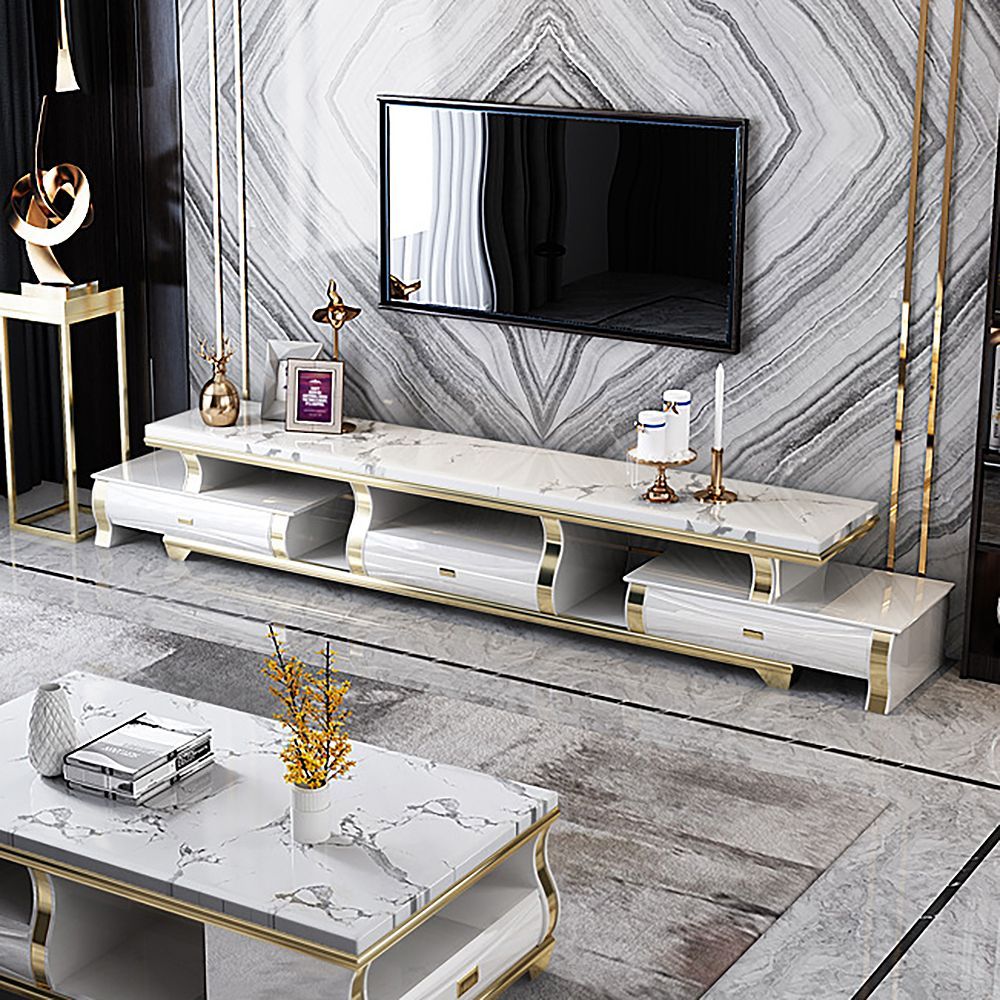118" Extendable White Tv Stand Faux Marble Top 3-Drawer Media Console inside Empire Tv Stand, White Marble Media Cabinet, 95" Rosegold Black Tv Storage