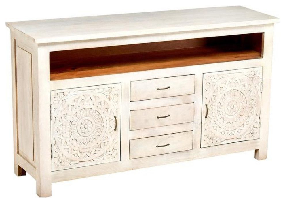 58&amp;quot; Distressed Off White Farmhouse Boho Mandala Lace Carved Tv Stand ... regarding traditional craftsmanship meets contemporary living with carved furniture