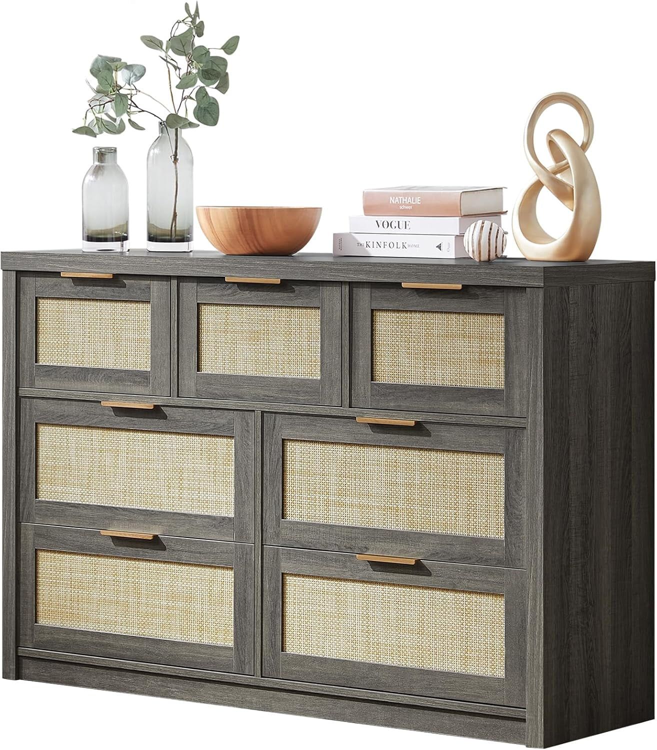 7 Drawers Dresser, Rattan Dresser Tv Stand For Bedroom Closet, Wood ... for Atlantic Bedroom Distressed Solid Wood Chest Of Drawers And Tv Stand