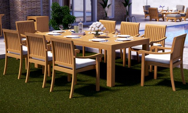 9-Piece Outdoor Teak Dining Set: 86" Rectangle Table, 8 Nain Stacking ... throughout 9-Piece Outdoor Teak Dining Set: 86" Rectangle Table, 8 Lua Stacking Arm Chairs
