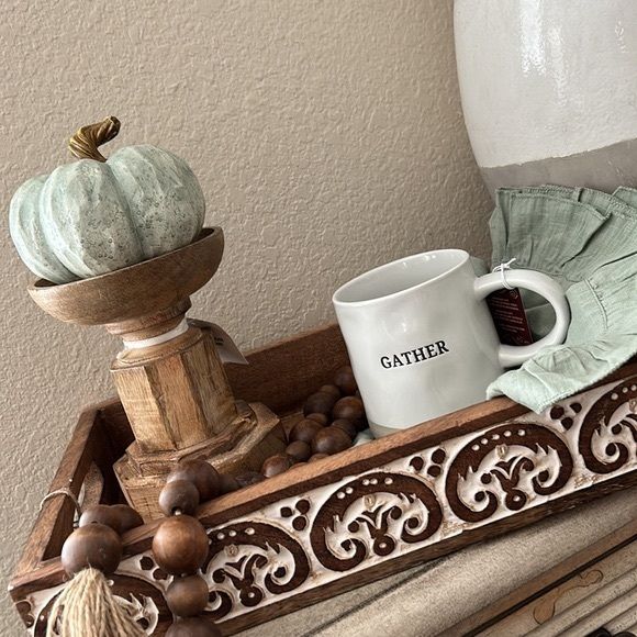 Accents | Rustic Farmhouse Boho Chic Fall Hand Carved Wooden Tray ... pertaining to 64" Distressed Whitewash Farmhouse Boho Chic Hand Carved Cabinet