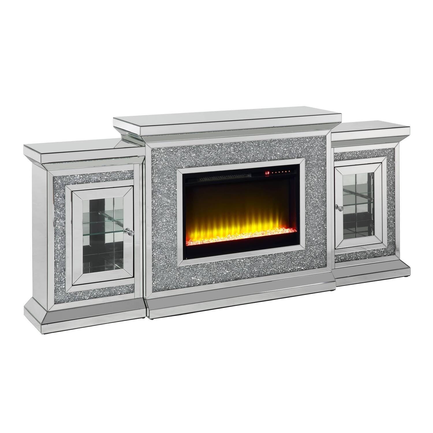 Acme Furniture Noralie Fireplace W/Led In Mirrored & Faux Diamonds ... throughout Benzara Bm269586 Tv Stand, Electric Fireplace & Beveled Mirror Framing, Silver