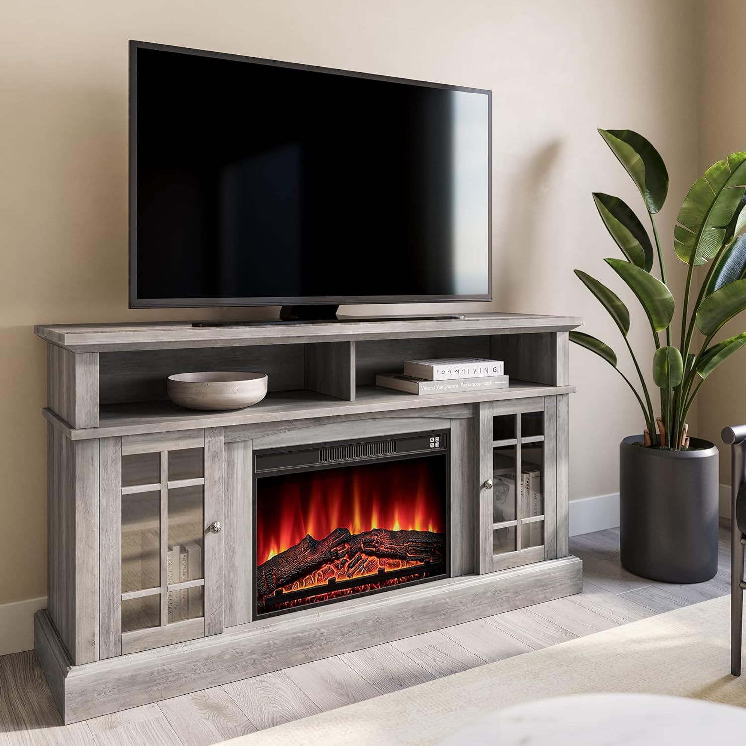 Amazon.com: Belleze Traditional 58 Inch Rustic Tv Stand With 23 Inch ... regarding 65" Slim Rustic Sunburst Tv Stand Media Console Storage 3 Drawers Rustic Sun