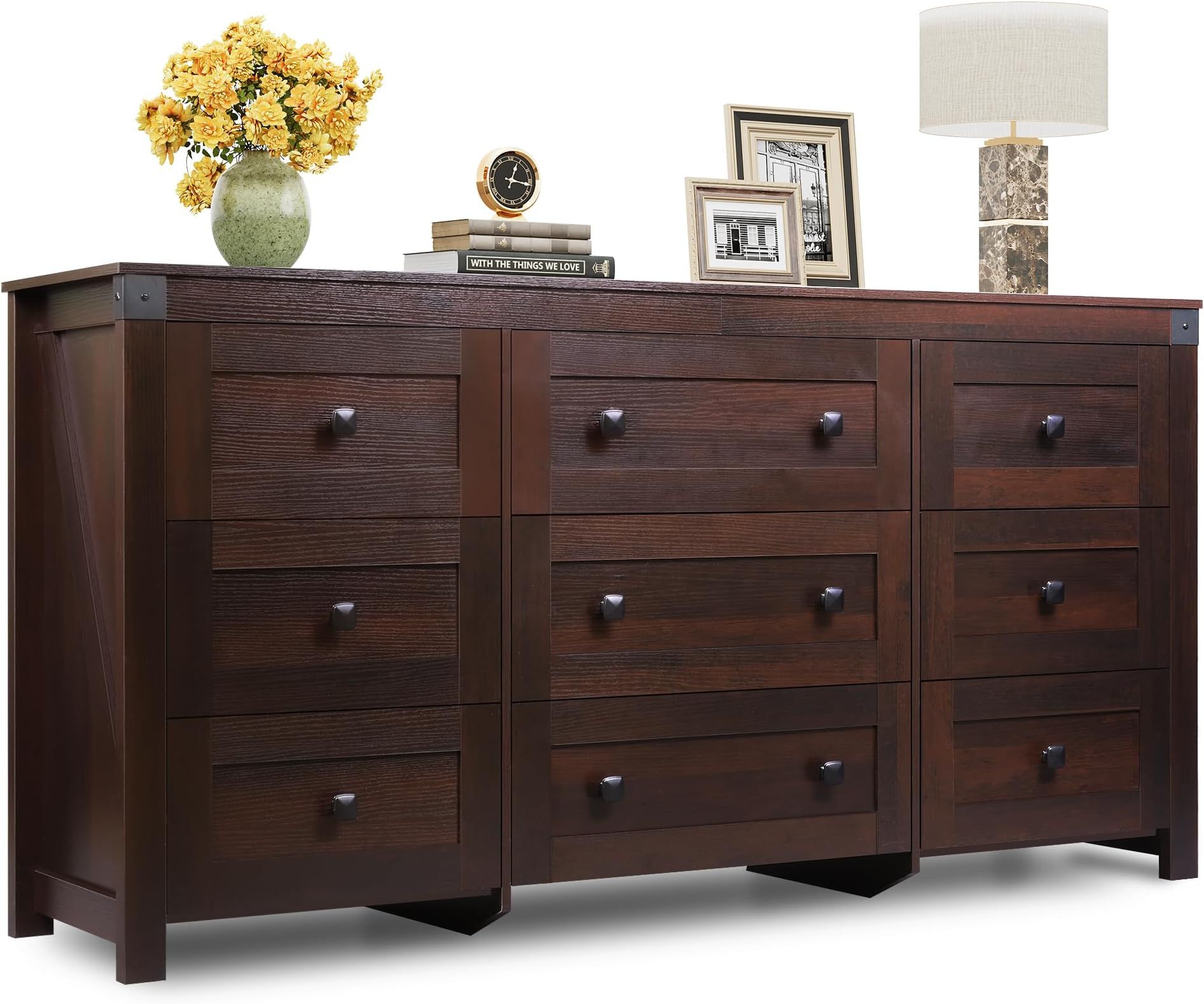 Amazon.com: Carpetnal 55" Walnut Dresser For Bedroom, 6 Drawer Dresser ... inside Atlantic Bedroom Distressed Solid Wood Chest Of Drawers And Tv Stand