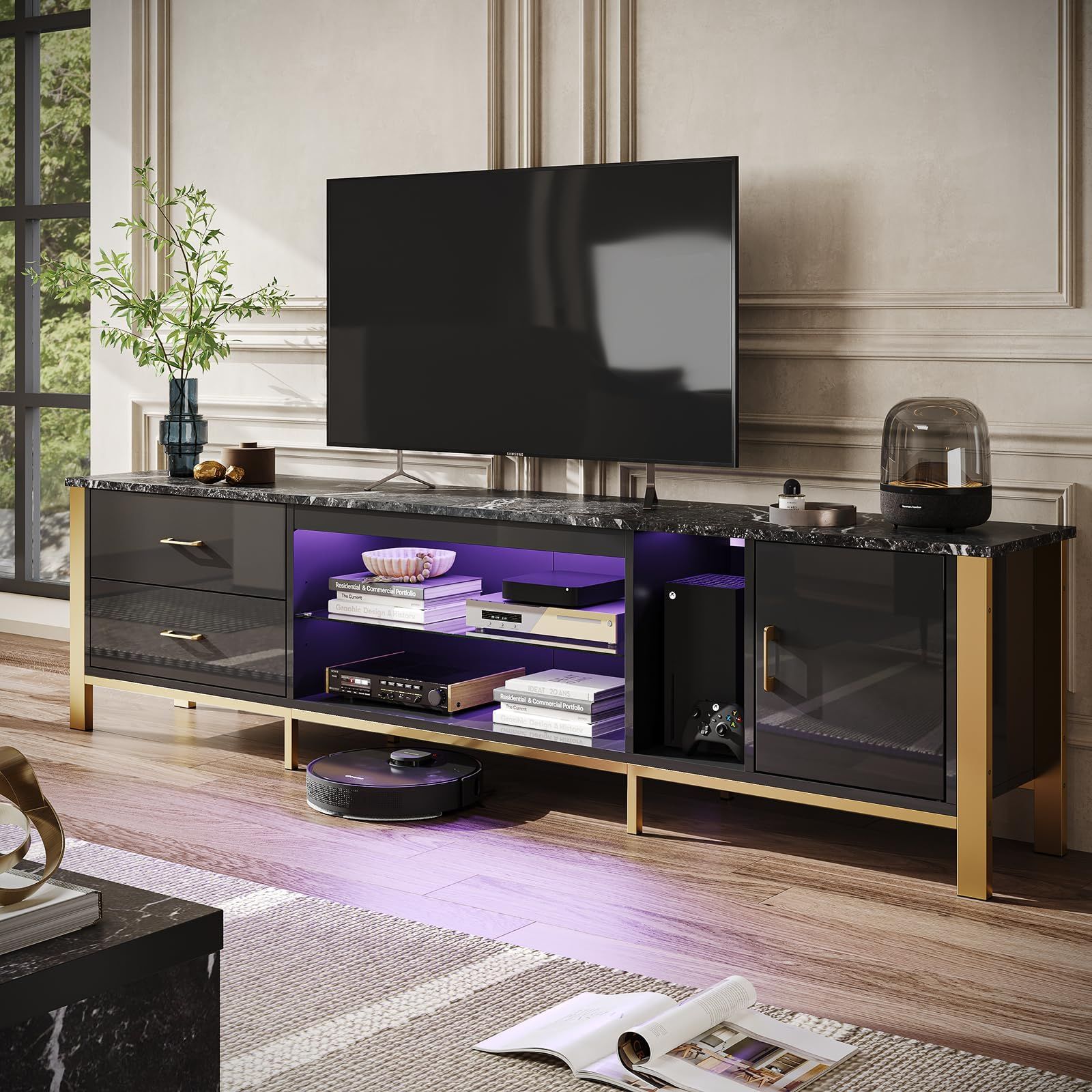 Amazon.com: Furnicare Led Tv Stand For 75/80/85/90 Inch Tv, Modern ... intended for Comparing plastic and tempered glass construction in TV furniture