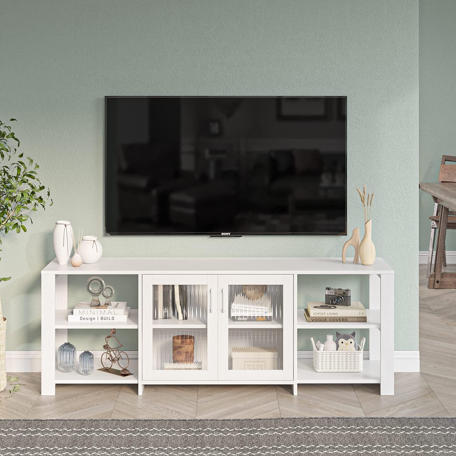 Amazon.com: Lavish Home White Tv Stand-55-Inch Storage Cabinet With 2 ... within Creating Visual Flow with Glass Doors and Open Shelving